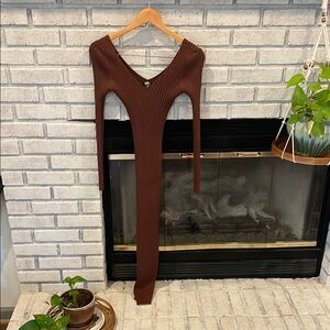 Brown Ribbed Long Sleeve Dress